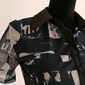 Y2k Shein Graphic Print Mesh Shirt