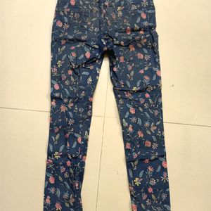 Blue Floral Print Jeans For Girls