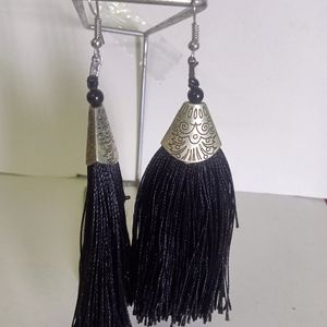 Silver Toned And Black Tasseled Contemporary Drop Earrings