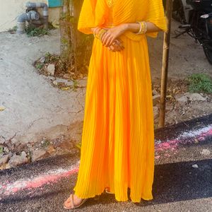 Yellow Heavy Mirror Work Kaftan Dress With Belt💛