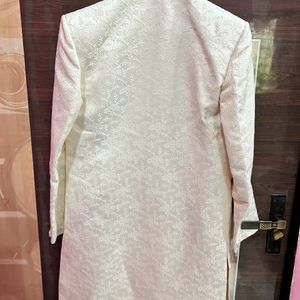 Mens White Sherwani With Red Velvet Dhoti