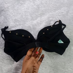 Black Heavy Padded Bikini Top With Golden Beeds