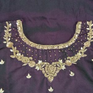 Dark Wine Purple Gown With Golden Designs