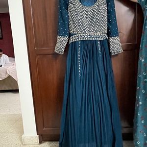 Navy Blue Ethnic Gown, Gold/Pearl Embroidery