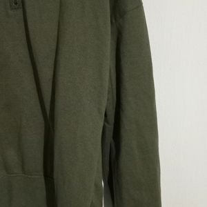 Collar Zip Drop Shoulder  Olive Sweatshirt