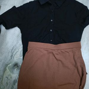 Brown Ribbed Slit Skirt With Shirt