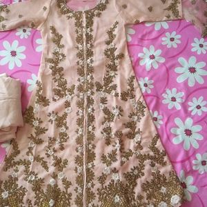 Peach Embroidered Partywear 3 Piece Set For Girls.