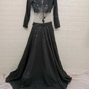 Thread Work Grey Lehengacholi Set