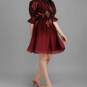 Maroon Dress With Stretchable Neck And Waist