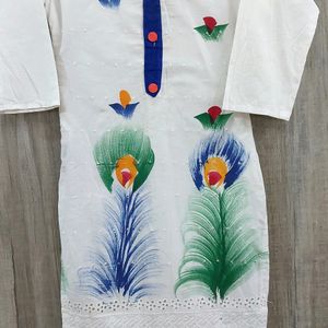 White Printed Cotton Kurti With Chicken Work