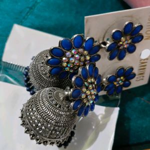 Women Fashion Earrings Blue Stones Oxidised Silver