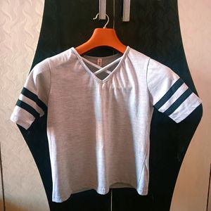 Women Grey Plain Black Stripe Cross Neck Top