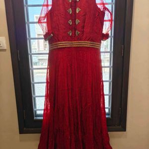 Maroon Partywear Gown With Golden Border Dupatta