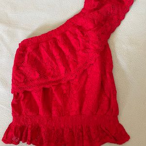 Ginger Brand One Shoulder Cherry Red Frill Top