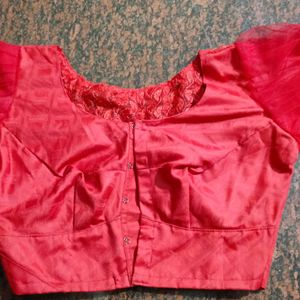 Red Netted Work Blouse With Net Puff Sleeves.