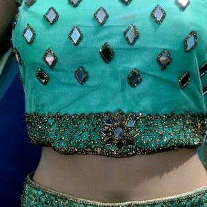 Cyan Green Lehenga With Earring Combo