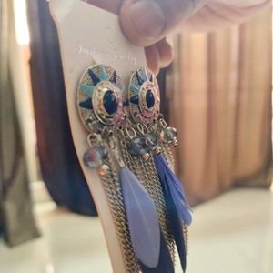 Designer Blue Feathered Ear Rings