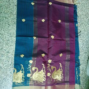 New Artsilk Saree Embroidery Sari Blue With Pink