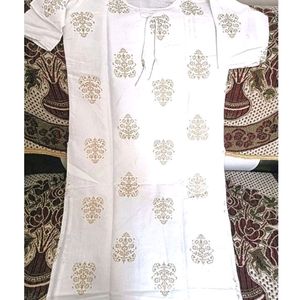 New White Kurti With Golden Patterns