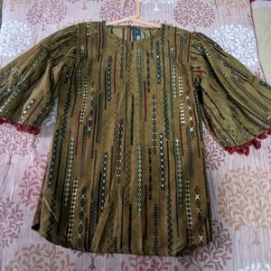 Woven Pattern Top with Flared Sleeves