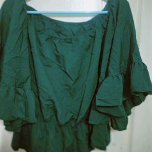 Off Shoulder Green Flared Sleeves Elasticated Top