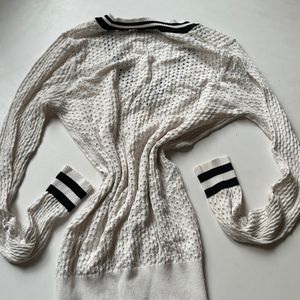 V Neck White Sweater With Black Strips