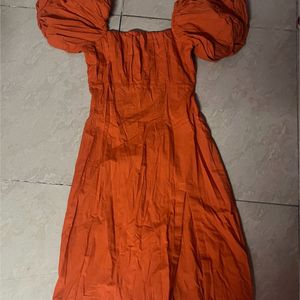 Orange Puff Front Dress With Side Slit