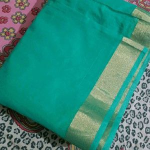 Unused Green Cotton Blend Saree