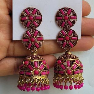 2 Pink And Golden Earrings Set