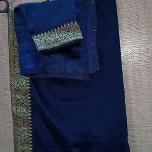 Very Beautiful Siney Blue Saree With Golden Patta