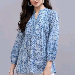 Blueprinted Cotton Tops For Girls