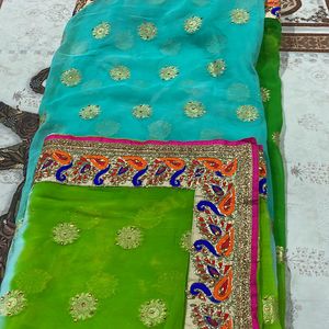 Ethnic Wear Saree Double Shade With Peacock Border