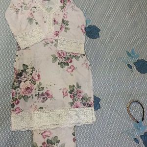 Floral Print Suit With Lace Border