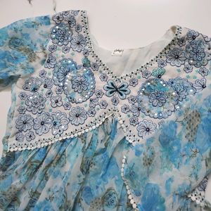 Stitched Pakistani Sky Blue Floral Printed Dress