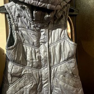 Grey Shiny Puffer Vest Half Jacket With Hoodie