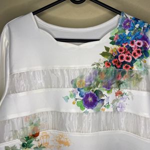 White Floral Print Top - Comfort Fit