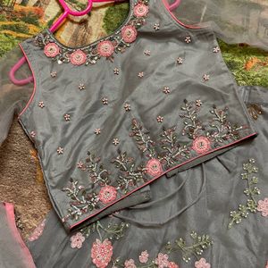 Grey Georgette Lehenga With PinkArtwork For Girls