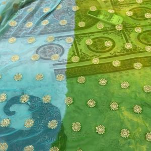 Cyan Blue And Parrot Green Colour Chiffon Saree