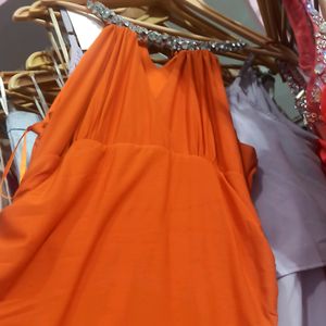 Orange Rhinestone Party Long Dress