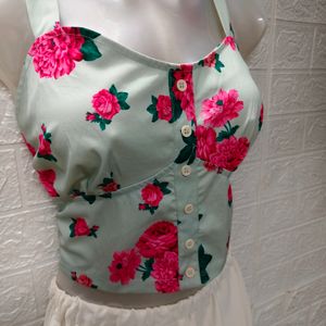 Light Green Floral Print Crop Top - Small to Mediu