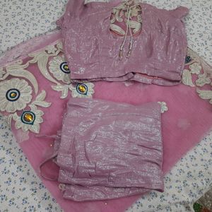 Baby Pink Colour Saree+Stitched Blouse+Petticoat