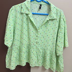 Green Peplum Top With Polka Dots