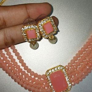 Coral Color Choker Necklace Set With Earrings