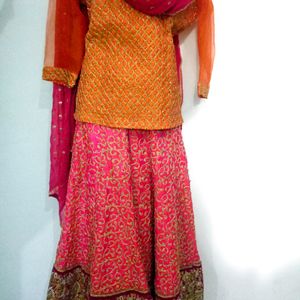 Pink Orange Heavy Embroidery Rahwari Lahenga