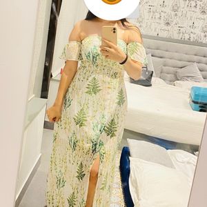 Off-white And Green Floral Printed Maxi Dress