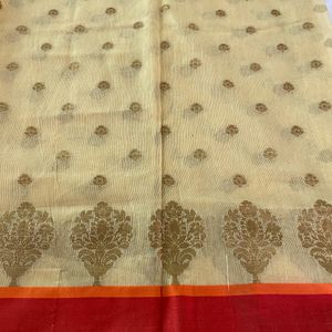 Cream Printed Cotton Silk Saree (Women)