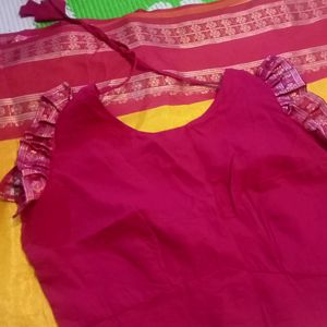 Mango Yellow And Pink Border Saree With Blouse