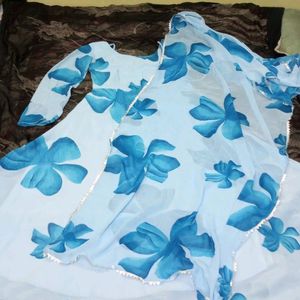 New/Unused Blue Floral Gown With Dupatta