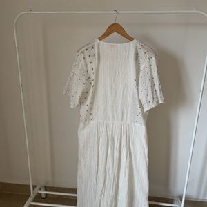 Embroidered White Linen Pleated Midi Dress