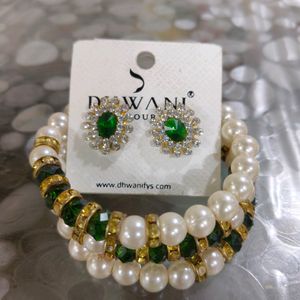 Green Earrings And Stretchable Kangan Set